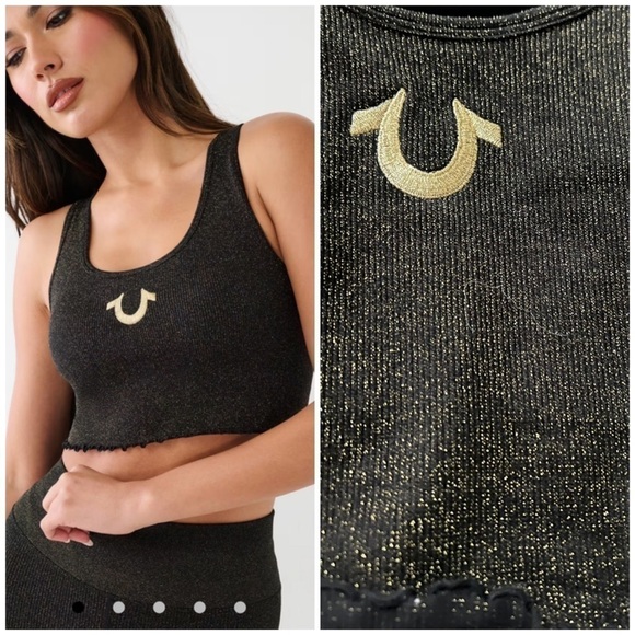 True Religion Black Gold Metallic Seamless Lurex Sports Bra Sz M/L Medium Large - Picture 1 of 8
